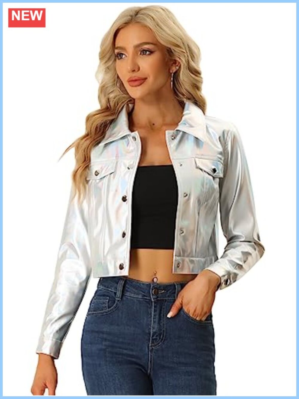 Women's Faux Leather Moto Biker Jacket Metallic Shiny Crop Jacket